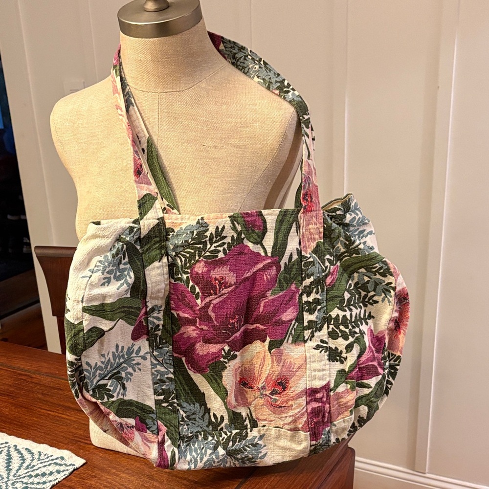 Floral Canvas Tote with Pink and Green Accents